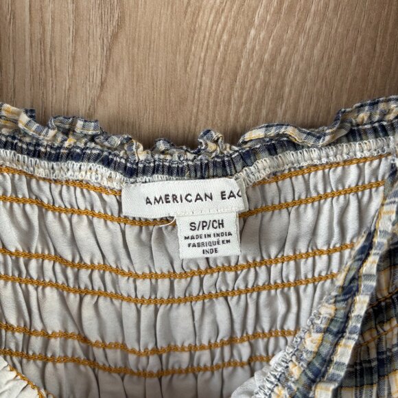 American Eagle Puff Sleeve Ruched Mini Dress Plaid Cottagecore Farm Prairie S - Picture 4 of 5